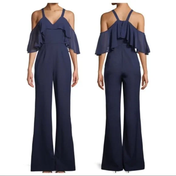 JAY GODFREY Oliver Navy Blue Wide Leg Jumpsuit Chiffon Ruffle Cold Shoulder 2 XS - Picture 9 of 9